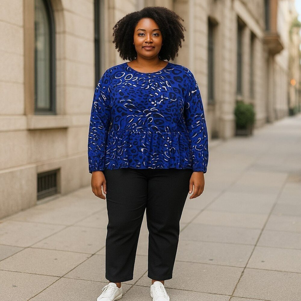 Cato Size 22W 24W Blue Animal Print Long Sleeve Peasant Blouse Top Shirt 22 24